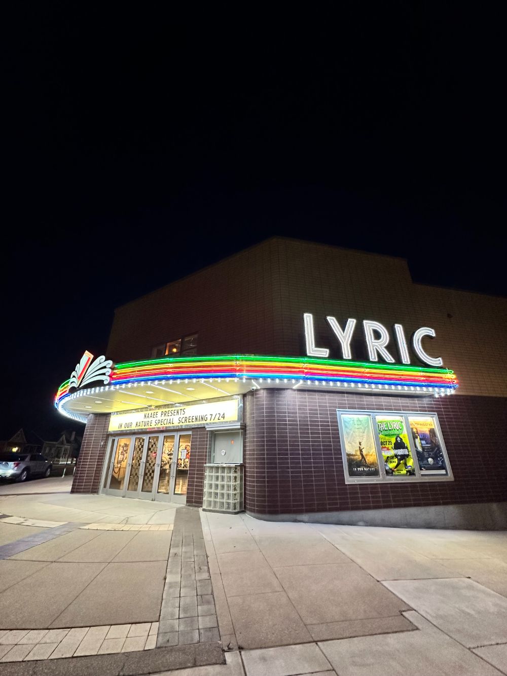 Theater marquee lit at night